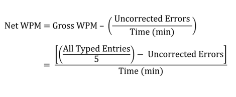 Net Words Per Minute (WPM) typing speed equation